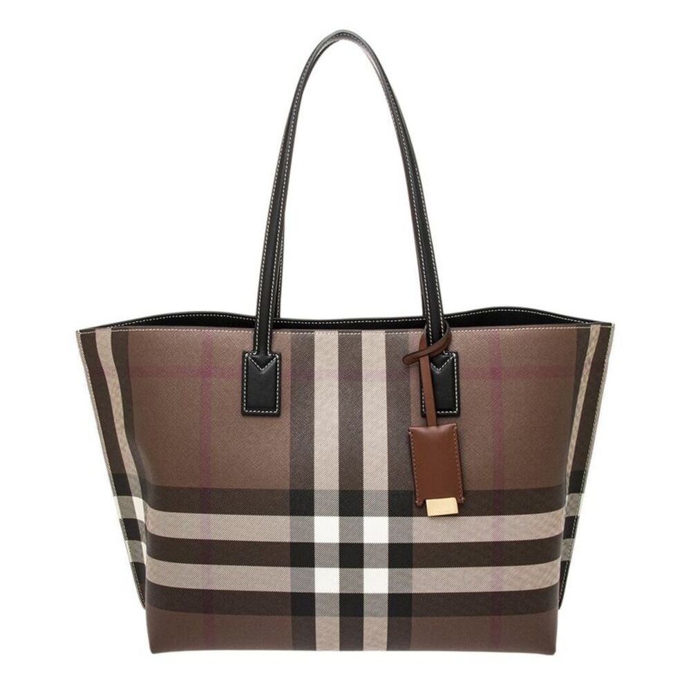 Burberry Check E-Canvas & Leather Tote, Brown